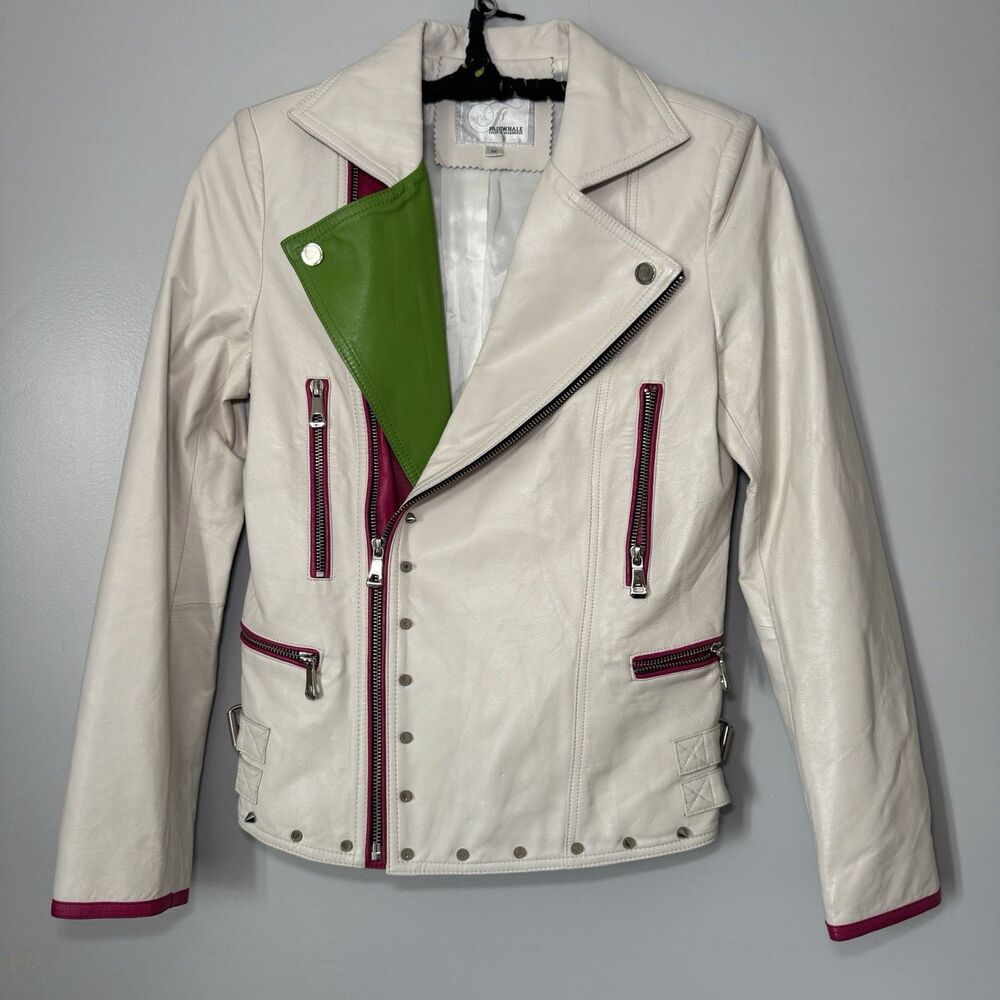 Vintage Fairwhale Cream Pink Studded Belted Moto Jacket Adjustable Waist Sz Medi
